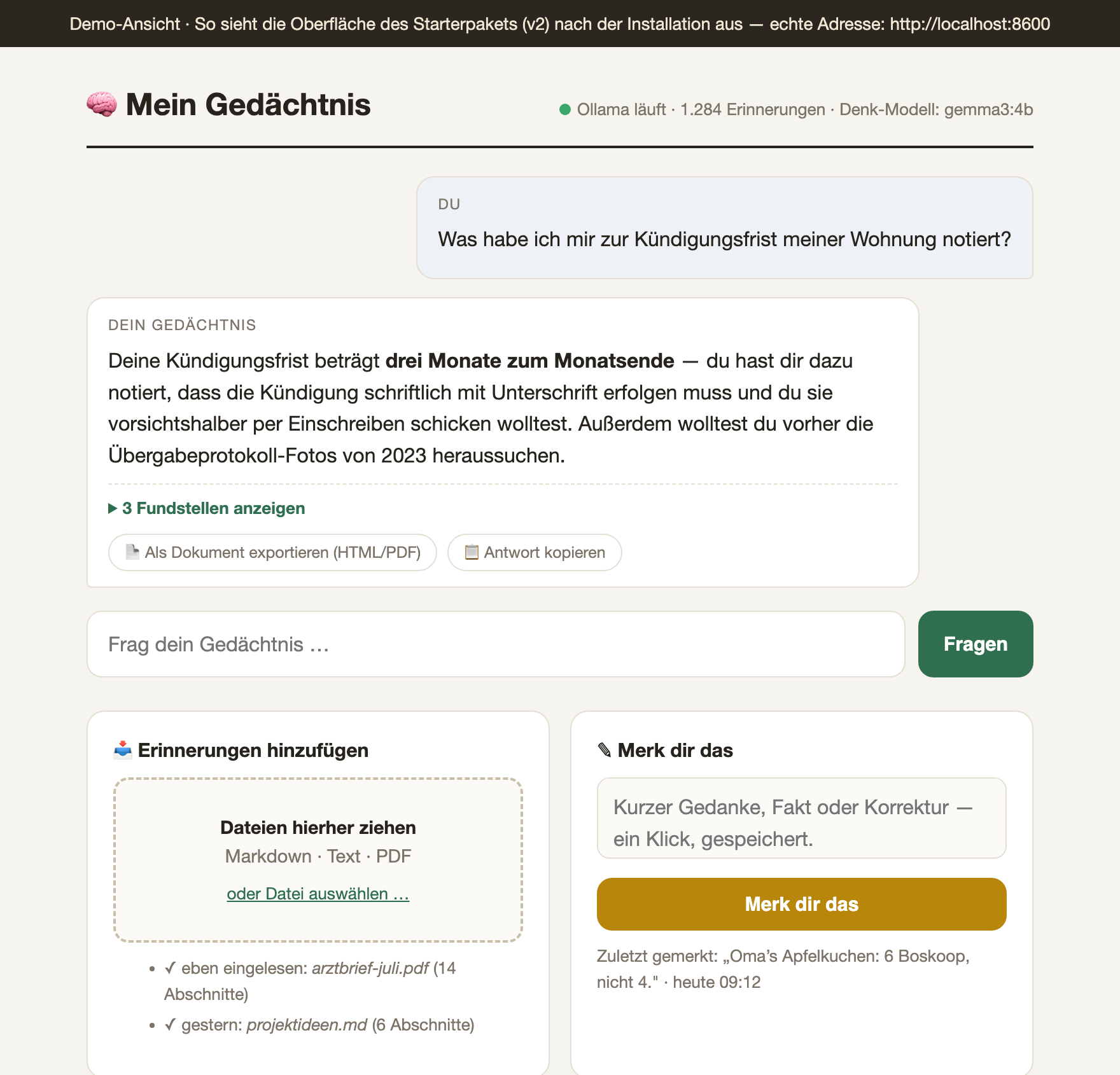 Die Oberfläche des Starterpakets: Dialog mit Antwort und Fundstellen, Drag-&-Drop-Upload, Merk-dir-das-Feld